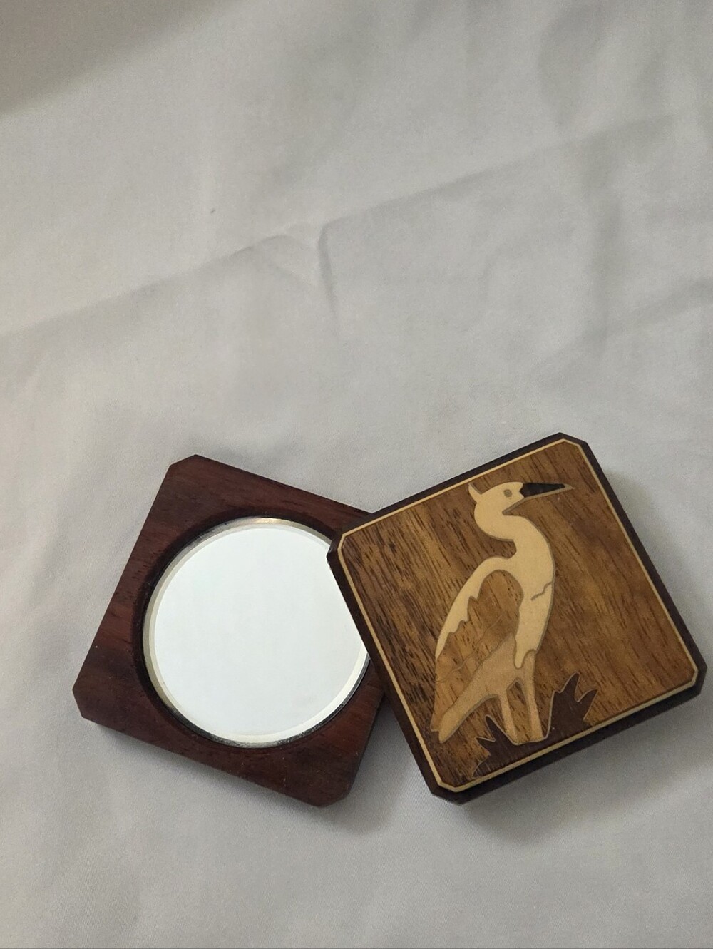 Wooden Crane Pocket Mirror.